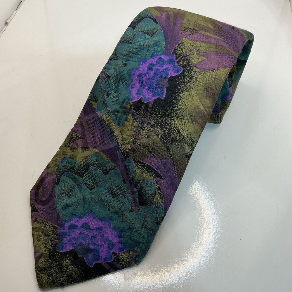 Lands’ End Men’s Silk Tie Abstract Geometric Purple Teal Green Brown Vintage USA